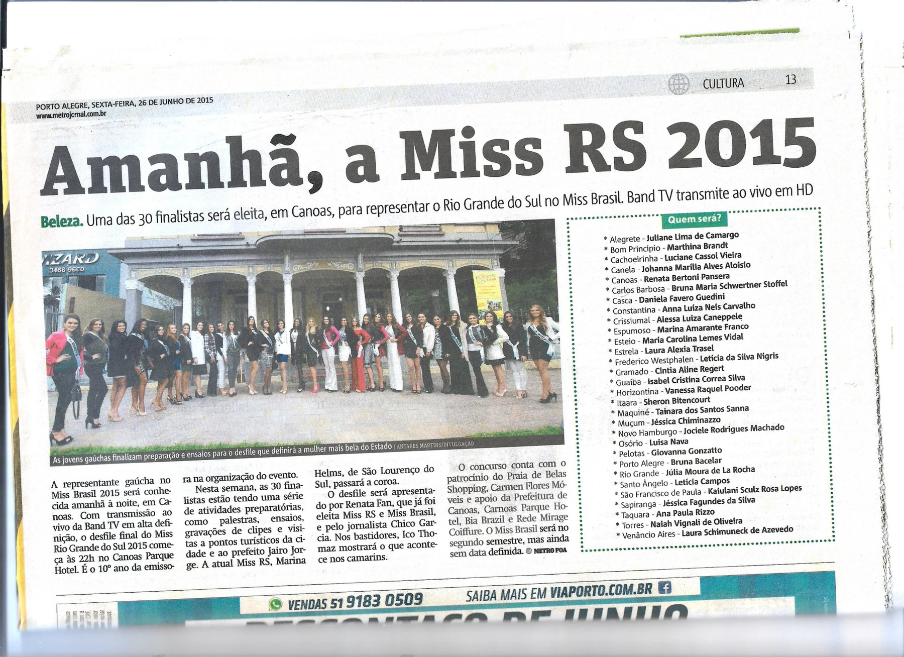 Recorte de imprensa sobre Miss Rio Grande do Sul