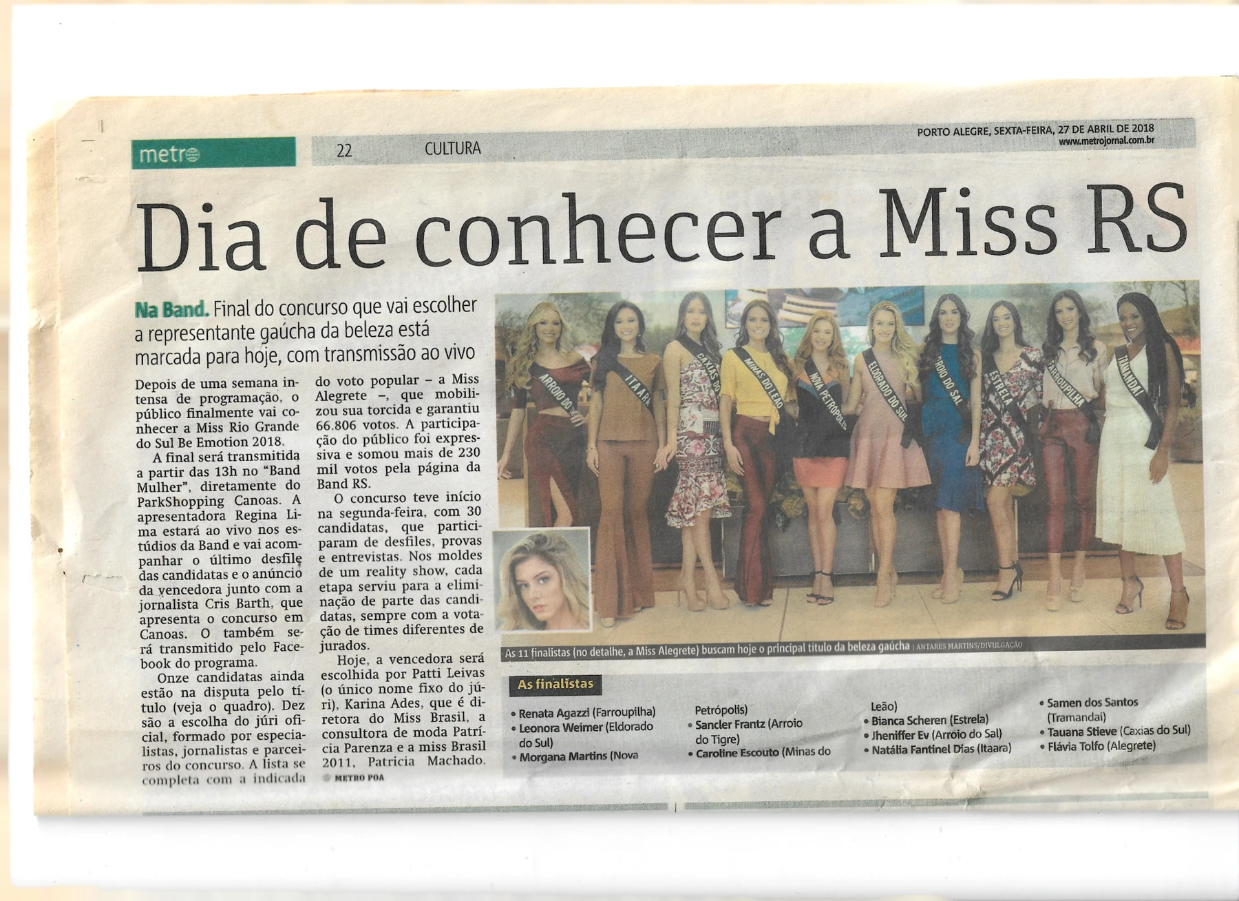 Recorte de imprensa sobre Miss Rio Grande do Sul